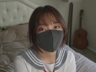 Fuck a randy Chinese school girl wearing a JK uniform after interviewing 玩偶